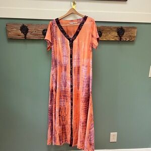 Soft Surroundings Orange Purple Tie Dye Maxi Dress  Boho Hippie Festival Rayon M